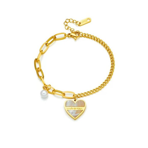 3/$35 18K Gold Plated Stainless Steel Heart Love Pearl Link Chain Bracelet - Picture 4 of 5
